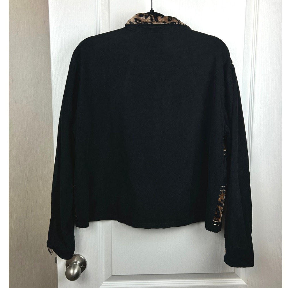 TanTrums Womens Corduroy Patchwork Animal Print Embroidered Jacket Black Large - Picture 2 of 6